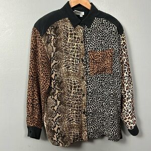 Vintage Silk Leopard Patchwork Button Down shirt Allison Taylor size M